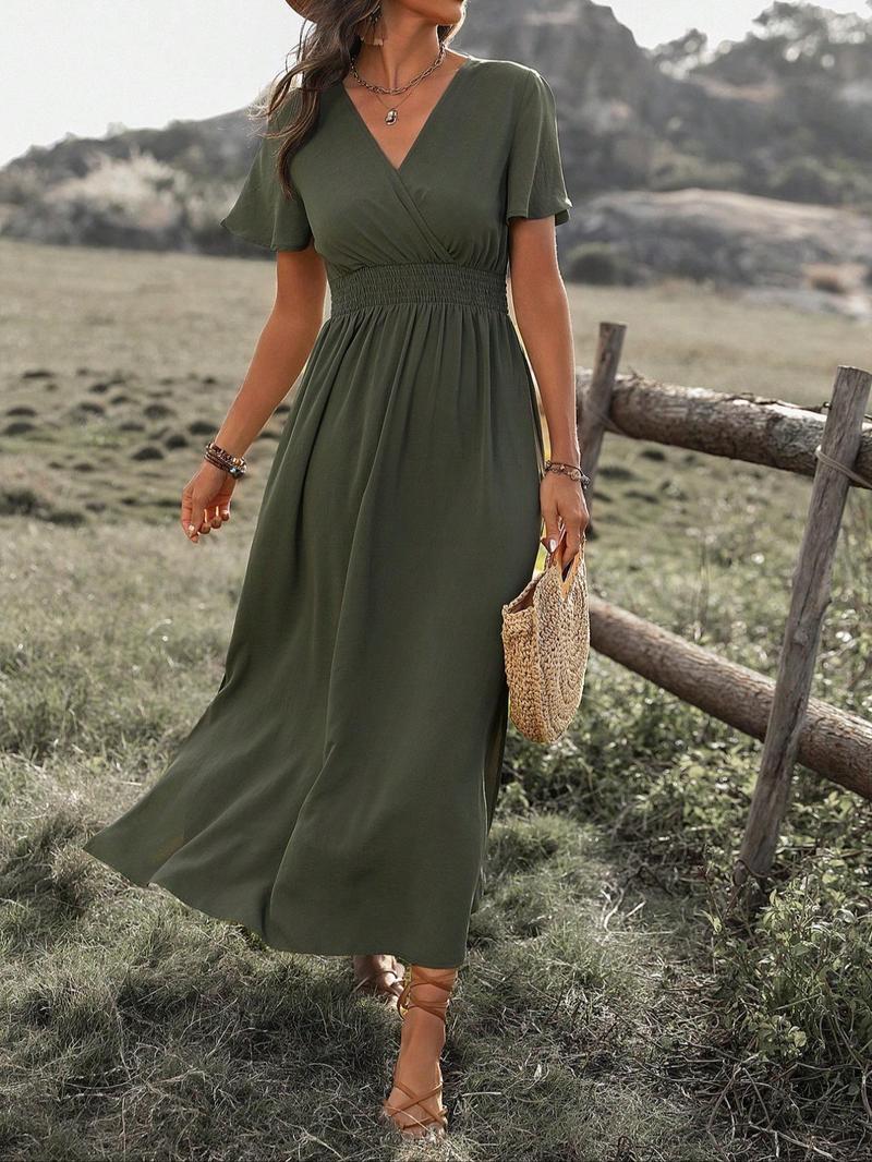 Product Introduction of Women's Plain Split Thigh A Line Dress, Green Dress Lady, Boho Shirred Butterfly Sleeve Long Dress for Beach Holiday Vacation, Ladies Clothes for All Seasons, Summer Dresses 2025 9