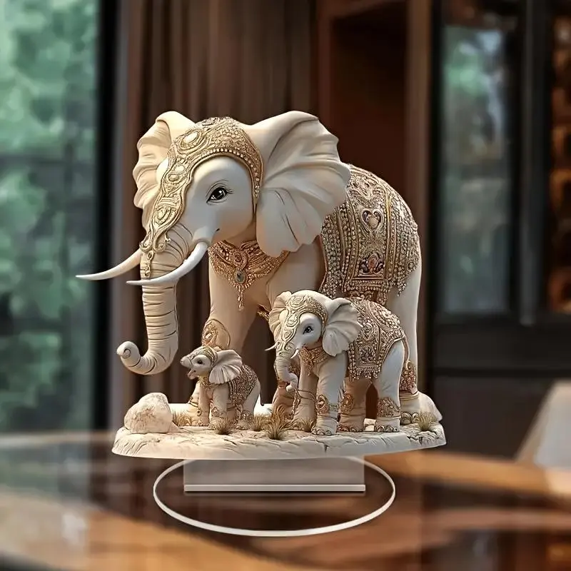 Elephant Family Design Acrylic Ornament, 1 Count Exquisite Elephant Figurine, Home Decor for Living Room Bedroom Office, Perfect Gift