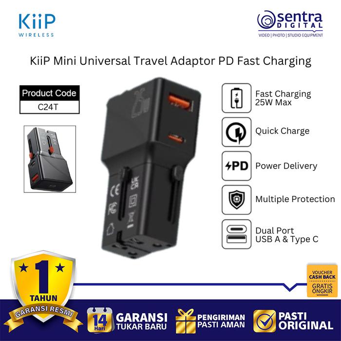 Gambar KiiP C24T International Travel Adapter Dual Port USB A USB C PD 20W Fast Charging dari Sentra Digital Kota Surabaya Tokopedia