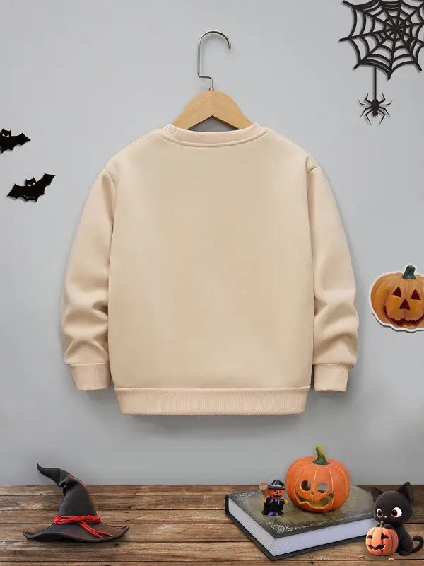 Girl's Cartoon Excavator Print Sweatshirt, Halloween Themed Casual Thermal Lined Long Sleeve Round Neck Pullover for Fall & Winter, Kids Clothes for Daily Wear 1