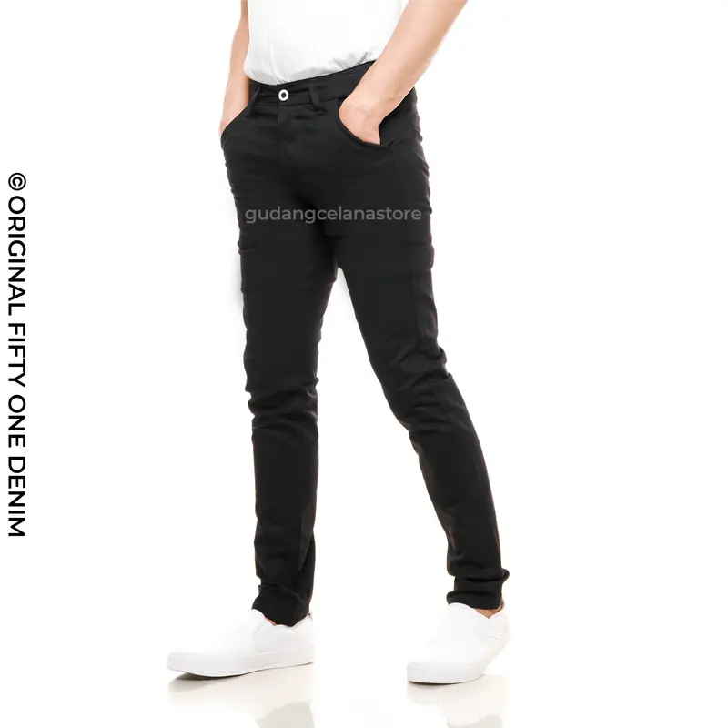 FIFTY ONE DENIM - Celana Chino Pria Panjang Slim Fit Katun Twill Stretch Melar Hitam Pekat Premium New Original Distro Fifty One Denim Nyaman Tebal Melar Santai Black Ukuran 28-34 4