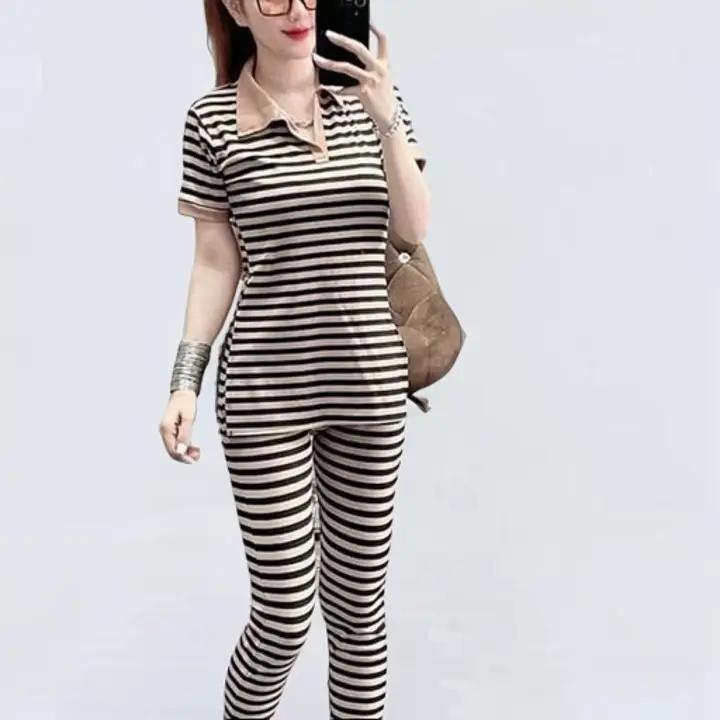 TẶNG DÂY CỘT TÓC +sét bộ cổ sơ mi tay ngắn áo xẻ tà 2 bên ,quần ống ôm có 2 túi ,bản lưng thun quần to 4p ,chất liệu thun gân tăm sọc ,co giãn 40_70kg Women Nữ Kem Ong Top Nhung