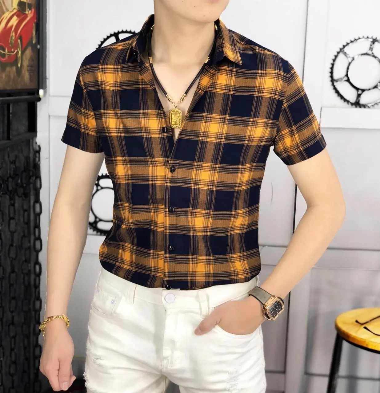 áo sơ mi nam kẻ caro vàng trẻ trung, thanh lịch, chất đẹp mát