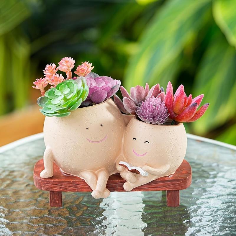 Cute Cartoon Couple Design Flower Pot without Plant, 1 Count Lovely Resin Flower Pot, Decorative Flower Pot for Home Garden Office Dormitory Balcony 4