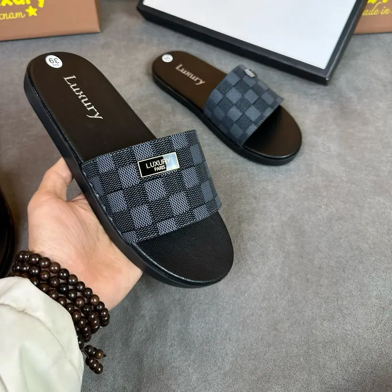 [Mã D 20 ] Dép Nam, Dép lê, dép da kẻ karo 3 màu có khâu quai chắc chắn size 37-45 DéP Đế Bằng Slipper Caro 2