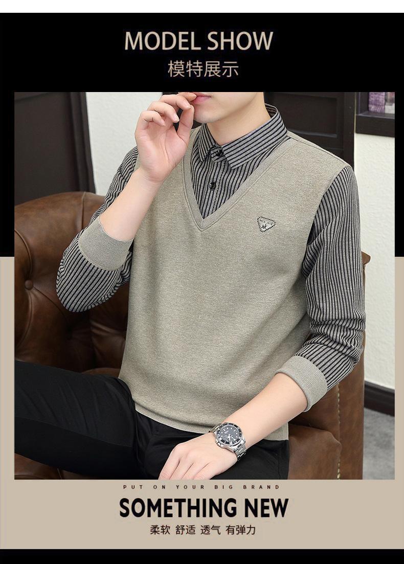 Product Introduction of 2024 Winter Fleece-lined Thickened Integral Velvet Sweater Men's False Two Pieces Knitted Sweater Youth Pu Handsome Men's Shirt Nam Slipper 8