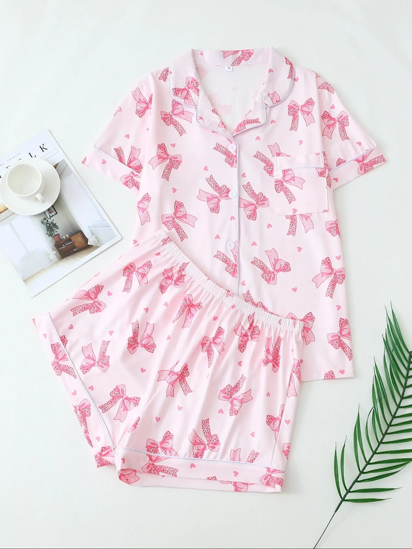 Two-Piece Set Women's Bow Print Lapel Shirt & Pants Pyjama, Casual Comfy Short Sleeve Pocket Top & Trousers Set, Ladies Summer Sleepwear