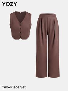 YOZY Women's Solid Button Front Crop Vest Blazer & Plicated Wide Leg Pants Two-Piece Set, Casual Sleeveless V Neck Crop Top & Elastic Waist Trousers for Summer, Ladies Clothes for Daily Wear