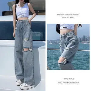 celana jeans sobek wanita Highwaist kulot jumbo Denim cewek jeans Panjang cutbray ripped baggy korean style