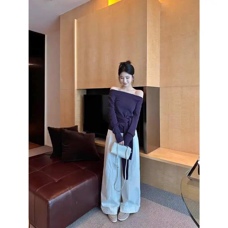 Áo Bên Trong Trễ Vai Bất Đối Xứng Phong Cách Pháp, Dành Cho Nữ, Áo Sơ Mi Cơ Sở Buộc Eo Phong Cách Hàn Quốc Mùa Thu, Áo Bên Trong 3