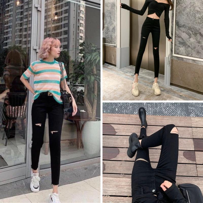 Quần jean nữ Quần bò đen rách trên gối lưng cao dáng SKINNY siêu co giãn tôn dáng thời trang rách đùi