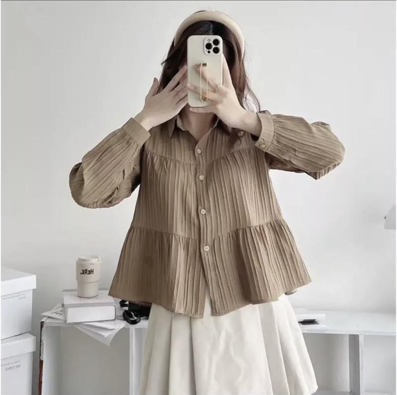  Áo sơ mi babydoll chất vải đũi gân xốp 3 tầng dáng vintage Top Nữ Kem 