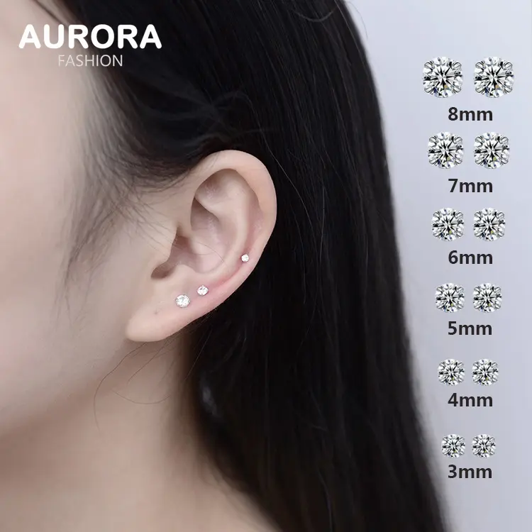 AURORA Unisex Real 925 Silver White Zircon Stud Earrings Jewelry ES925-3
