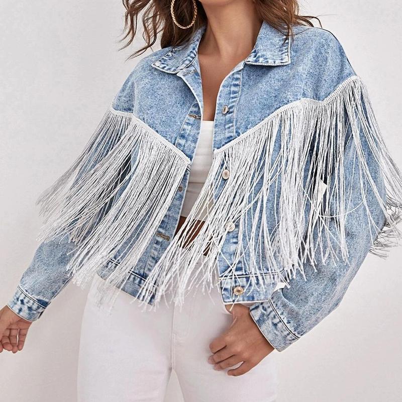 Product Introduction of Short Fringed Denim Jacket Light Blue Loose Fit Club Stage Style Spring Summer New Arrival Women's Fashion Outerwear Top 29