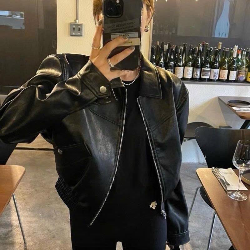 AGUSS Áo Khoác Da Croptop Nữ Phiên Bản 2024 Form Crop Có Độn Vai Chất Liệu Vải Da PU Cao Cấp Chống Nước Phong Cách Hàn Quốc Màu Đen SizeS M L