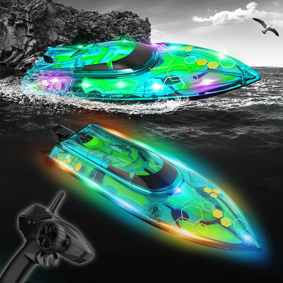 Remote Control High Speed Boat Toy, LED Light Up 2.4G Remote Control Boat Toy, Outdoor Water Toy, Birthday Gift Toy for Teenager
