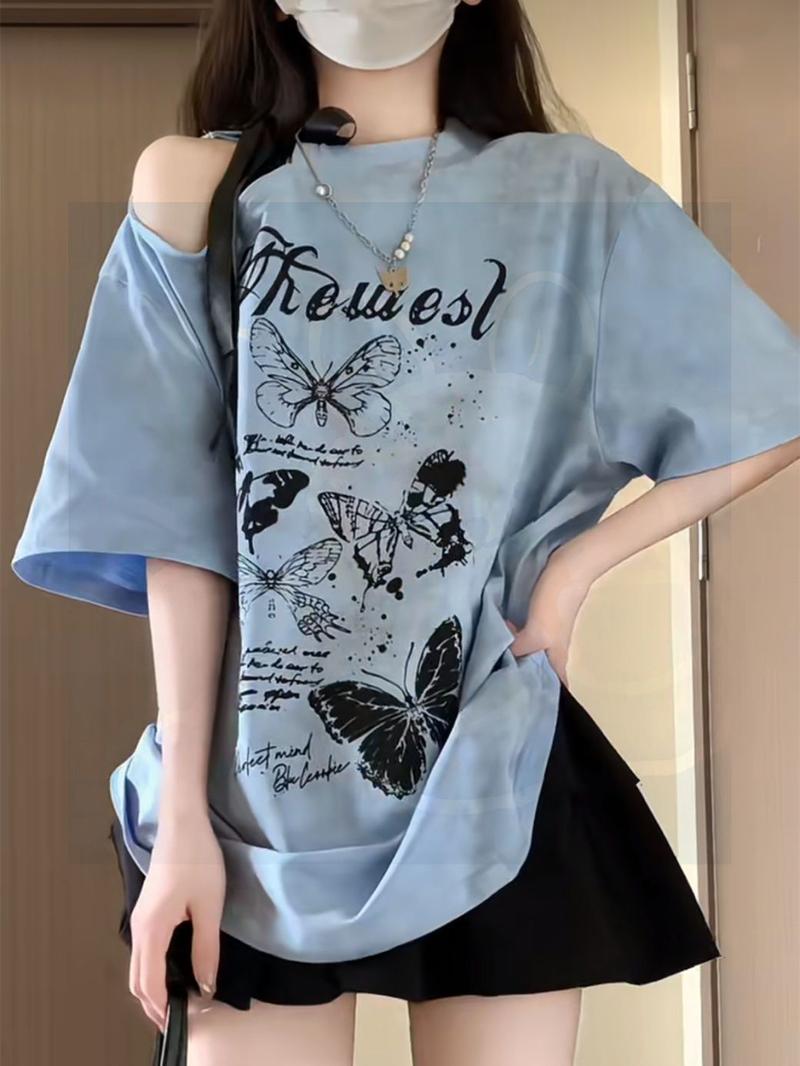 Product Introduction of [Bow Bandage Design] Preppy Style T-shirt Retro off-Shoulder Loose Short Sleeve Top Summer New Printing 7