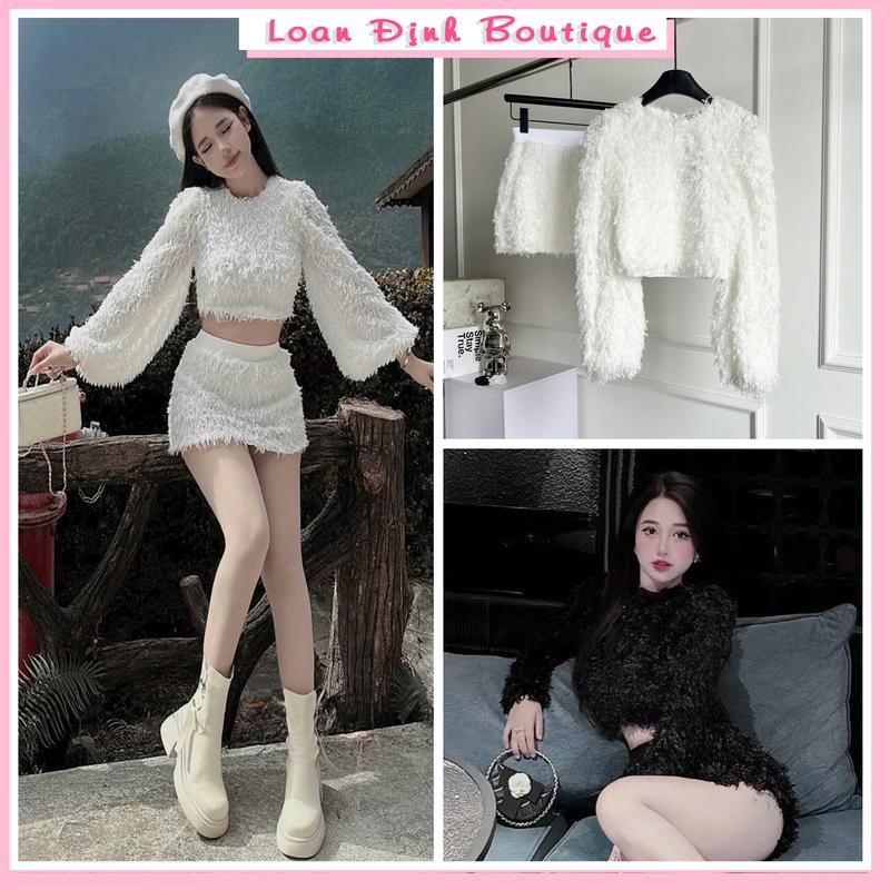 Set Váy Áo Lông Tua Rua Dáng Croptop Chân Váy Ngắn Chữ A Kèm Quần Trong Dress Nữ Top Women Loan Định Boutique LD009 Kem