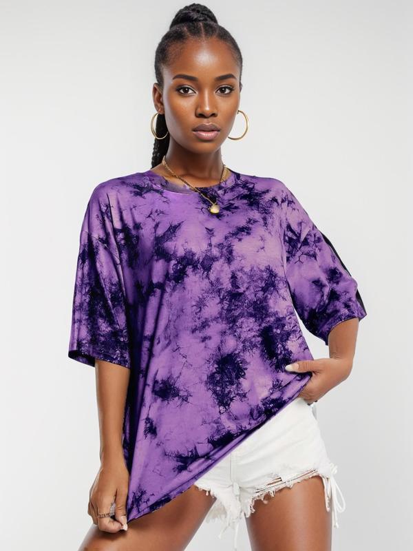 Women's Tie Dye Print Drop Shoulder Sports Tee, Sporty Round Neck Half Sleeve T-Shirt, Ladies Sportswear for Indoor Outdoor Wear 8