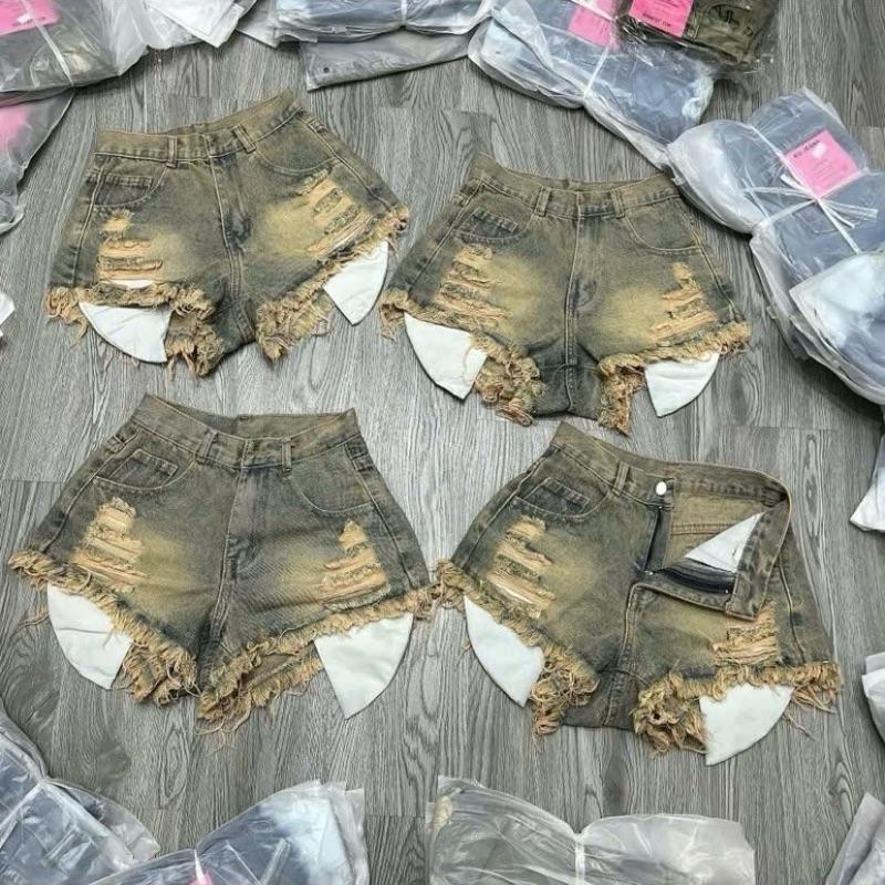Quần shorts jean đùi nữ 2 màu Xanh Bụi rach kiểu 3 đường lộ túi vải lưng cao thời trang denim Women nữ_Sz SML 0
