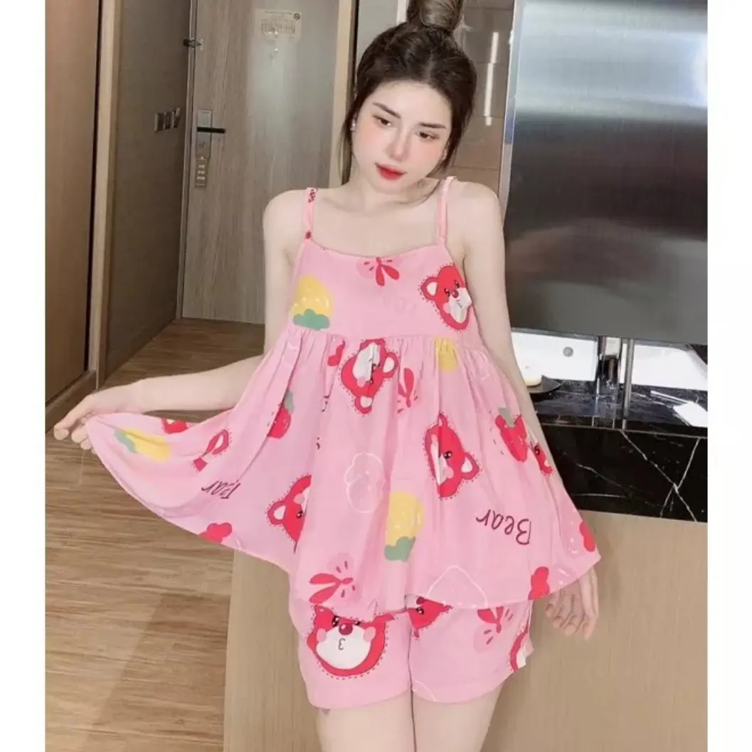 Đồ bộ ngủ hai dây mặc nhà mùa hè dễ thương trơn mùa hè Áo Quần Ngủ Nữ Top Women