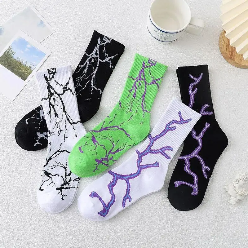 Sports Korean Style Skateboard Long Socks Men Creative Fun Lightning Hip Hop Style Socks Unisex Street Funny Happy Couple Socks Menswear Medium