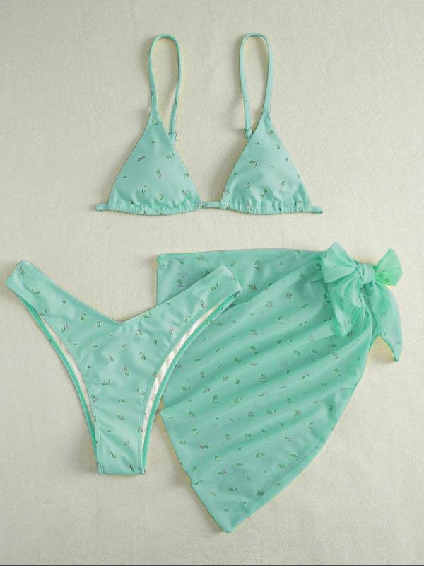 Three-Piece Set Women's Ditsy Floral Print Bow Decor Swimsuit Set, Summer Clothes Women, Adjustable Strap Triangle Bikini Bra & High Cut Bikini Panty & Asymmetrical Cover Up Skirt Set, Women's Swimwear 4