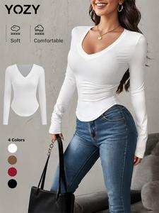 YOZY Women's Plain V Neck Long Sleeve Tee, Fashion Casual Solid T-shirt for Spring & Fall, Women's Top for Daily Wear, Womenswear