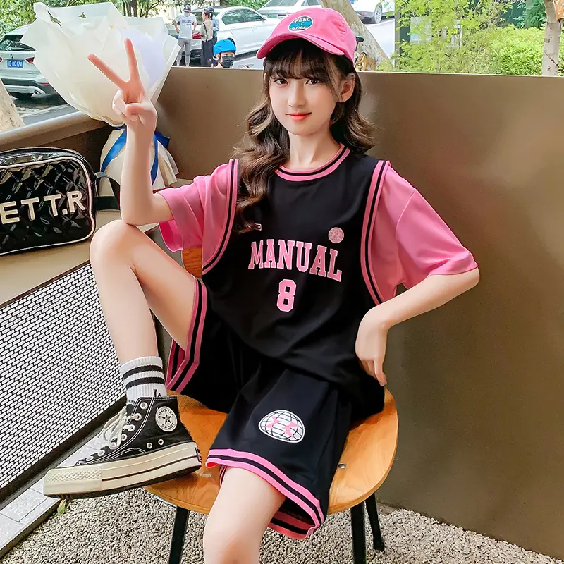 15-55Kg Bé Gái Nhanh Khô Bộ Đồ Thể Thao Mùa Hè Quần Short 2 Bộ Dáng Rộng Thoáng Khí Bóng Rổ Quần Áo Mới quần Áo Trẻ Em