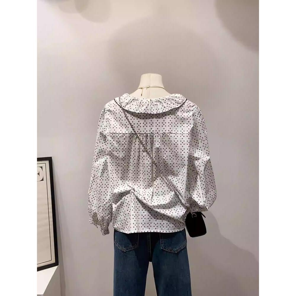 CHICMORE Atasan Gaya Kasual Lengan Panjang Longgar Desain Motif Polkadot