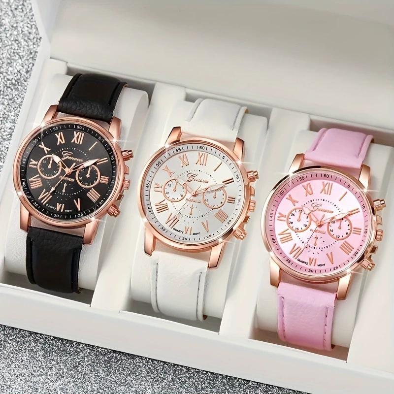 2025 Hàng có sẵn Đồng hồ nữ mới Dây da Đồng hồ quartz Geneva Đồng hồ giả ba mặt…
