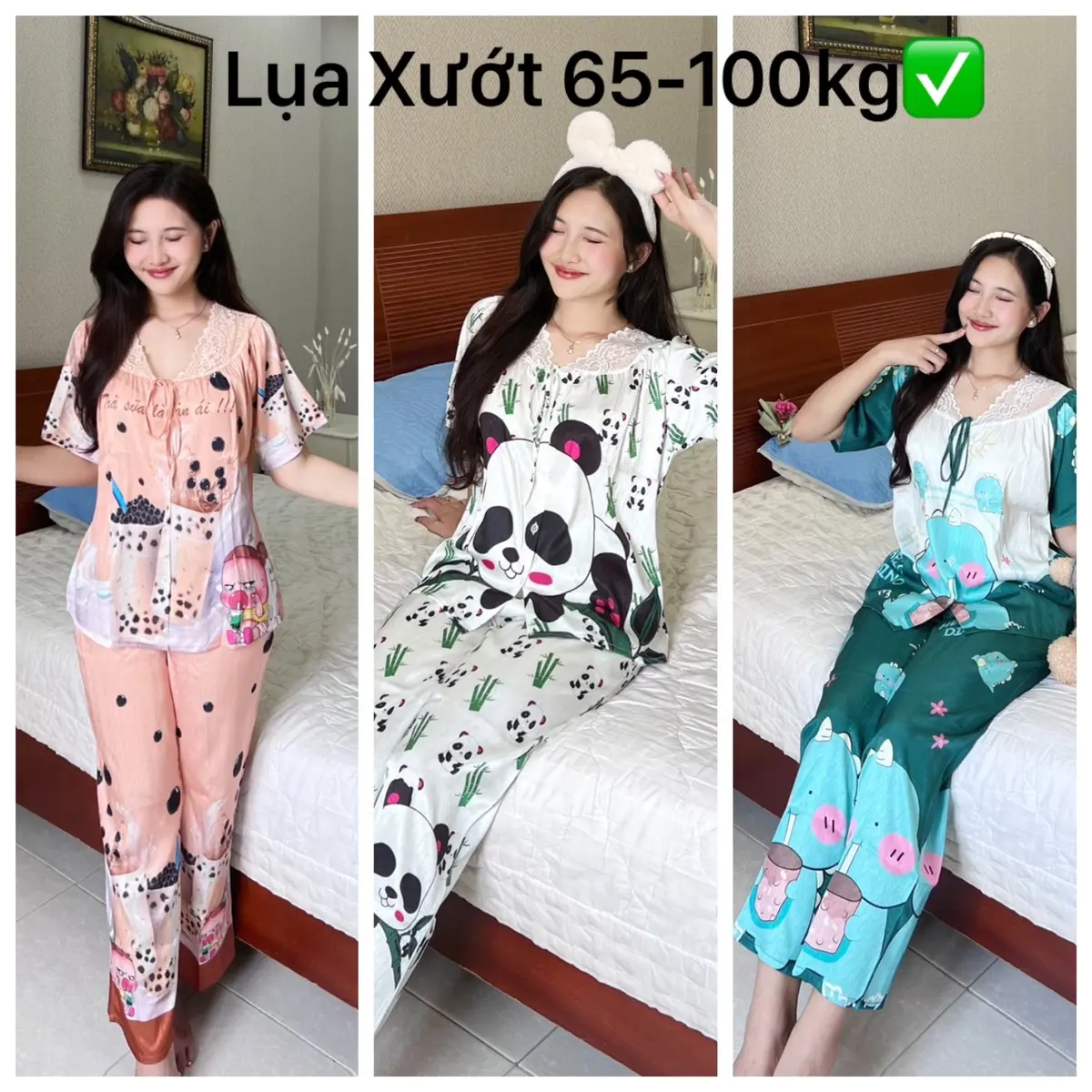 [ Cổ Ren ] Đồ Bộ Mặt Nhà -Tay Ngắn Quần Dài [50-100kg] Lụa Xướt Nữ