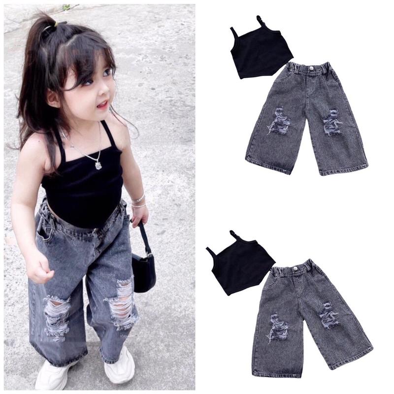 Set Áo Tăm Và Quần Jeans Rách Cá Tính Cho Bé Gái Size 8-30kg