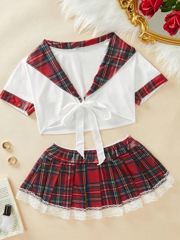 Women's Contrast Binding Tie Front Crop Top & Plaid Print Contrast Lace Skirt Set, Short Sleeve Crop Top & Elastic Waist Short Skirt Set, Valentine's Day Gift, Women's Two-Piece Set For Summer 1