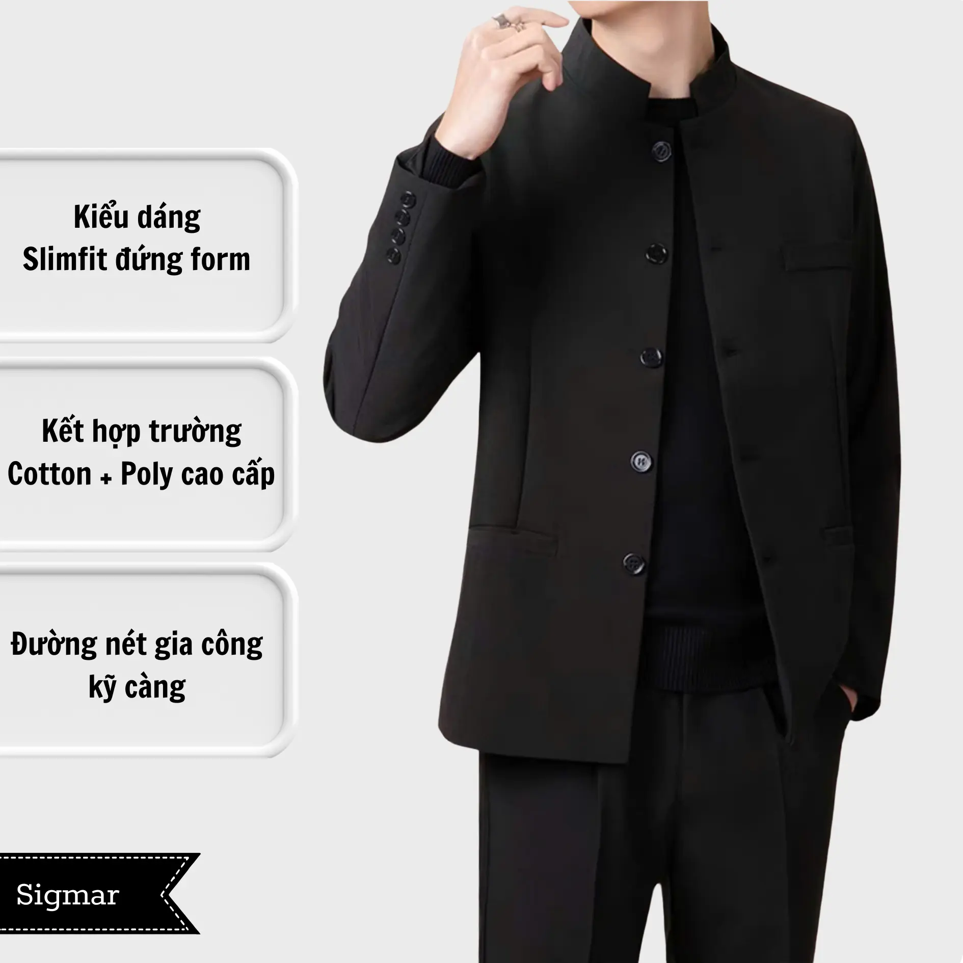 Áo Khoác Blazer Nam Cổ Tàu Dáng Đứng Slimfit Phong Cách Trẻ Trung Độc Đáo Thanh Lịch