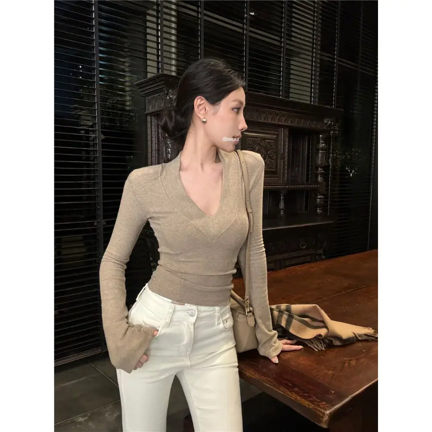 Áo Lớp Nền Co Giãn, Phong Cách Cơ Bản, Dành Cho Nữ, Thanh Lịch Và Gợi Cảm, Cổ Chữ V, Tay Áo Dài, Thích Hợp Cho Mùa Thu Và Mùa Đông, Mỏng Vừa Vặn, Có Thể Mặc Bên Trong, Áo Sơ Mi