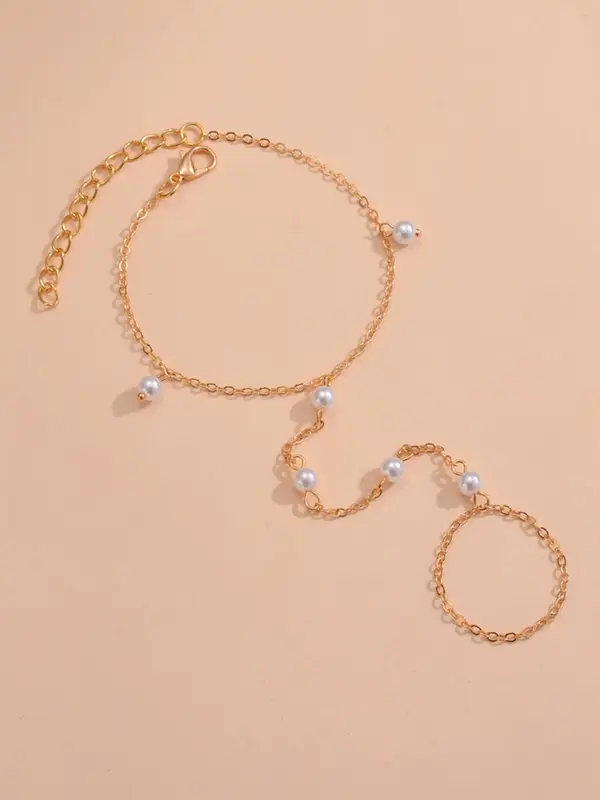 Faux Pearl Decorated Ring Linked Bracelet, Adjustable Fashion Accessories for Women & Girls, Matching Bracelet for Party, Daily Clothing Decor, Trendy Cool Female Accessories for Birthday Gift 6