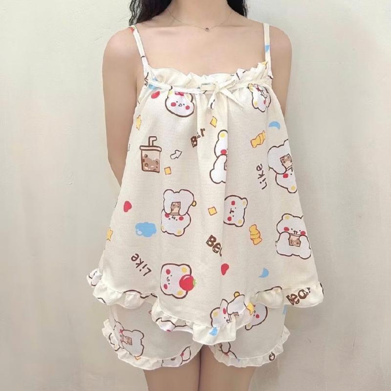 Đồ bộ ngủ hai dây mặc nhà mùa hè dễ thương set đồ ngủ hai dây hoạt hình xinh xắn đáng yêu Nữ Women Voan Voi