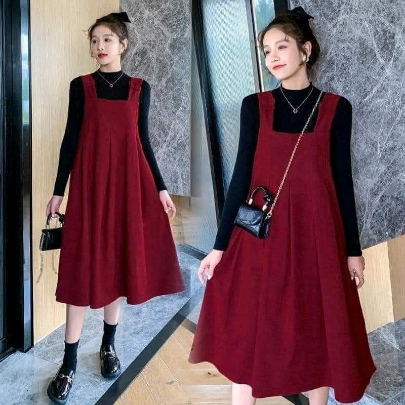  sét yếm bầu chất nhung tăm đỏ đô kèm áo cotton cho các nàng công sở 