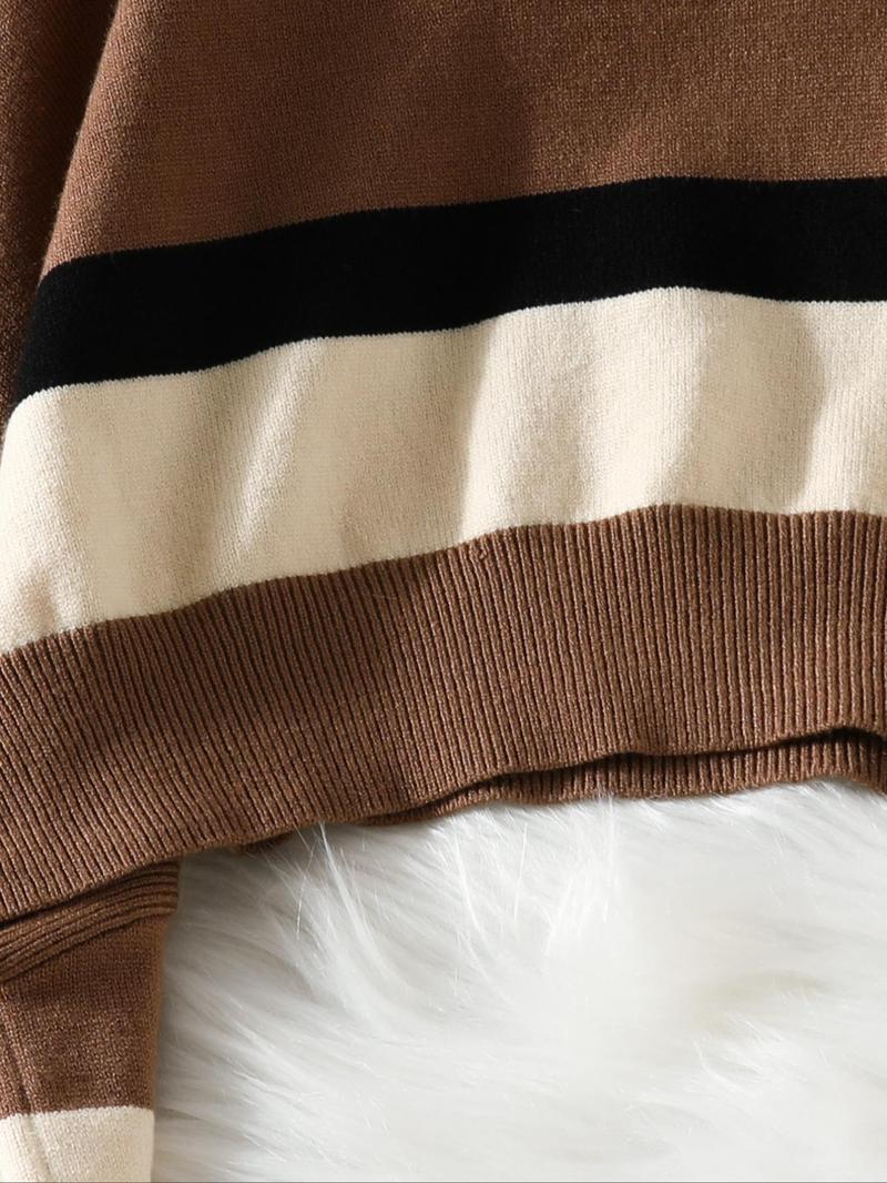 Product Introduction of Women's Striped Print Drop Shoulder Crop Sweater, Casual Extra-Long Sleeve Crew Neck Jumper for Spring & Fall, Women's Clothing for Daily Wear 18