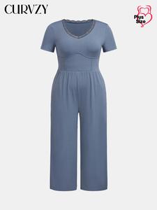 【Plus Size】CURVZY Solid Ribbed Jumpsuit, Casual Comfy V Neck Short Sleeve Jumpsuit for Summer, Women's Plus Clothing for Daily Wear