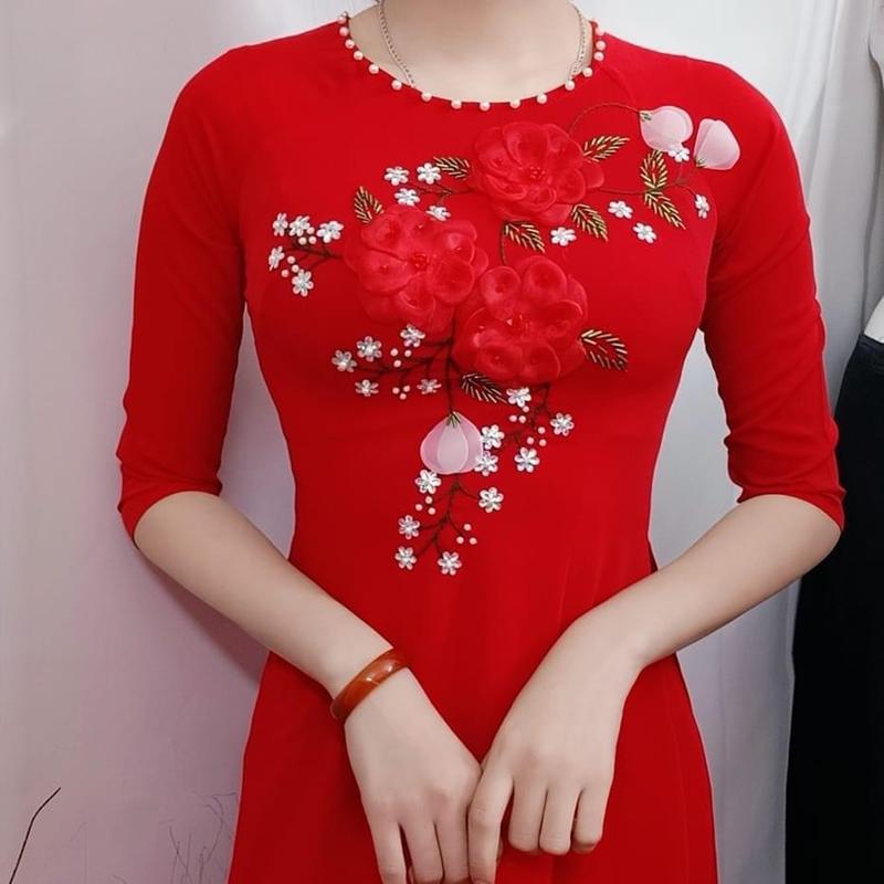 Set Áo Dài Đỏ Lụa Mỹ Kết Hoa Nổi Nữ Dress xxl trang phục truyền thống trangphục vănnghệ Voi việt phục  việt nam Voan