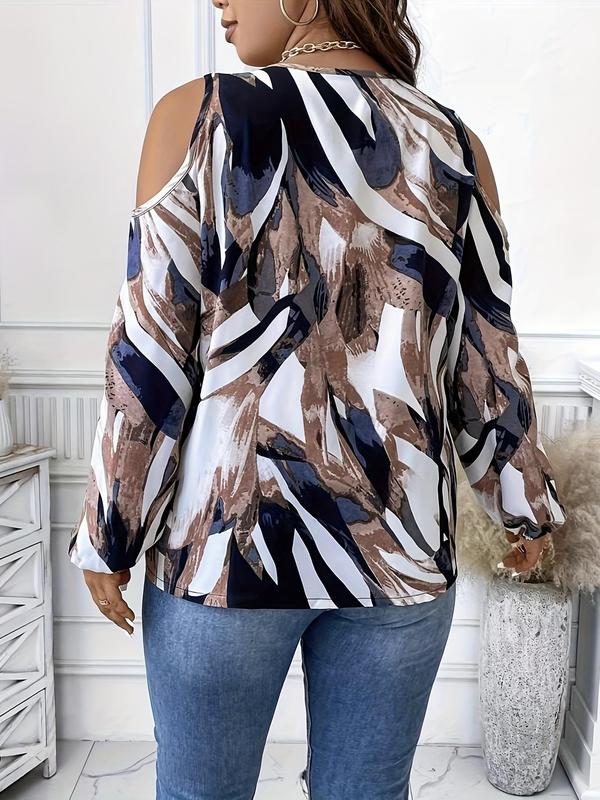 【Plus Size】 All Over Print Cold Shoulder Zipper Blouse, Casual Bishop Sleeve Top for Women, Women Plus Clothing for All Seasons 1
