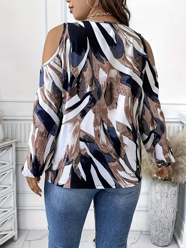 【Plus Size】 All Over Print Cold Shoulder Zipper Blouse, Casual Bishop Sleeve Top for Women, Women Plus Clothing for All Seasons, Cold Shoulder Tops 1