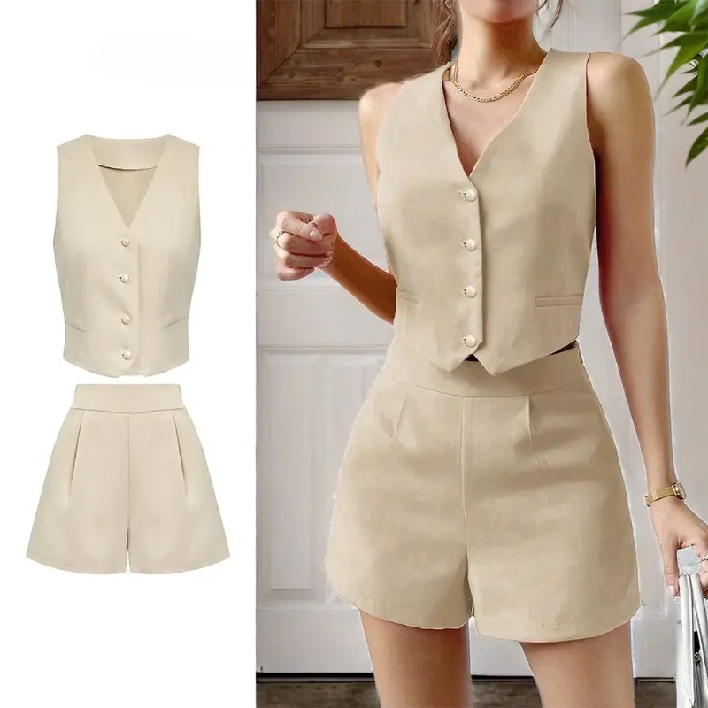 Women Elegant Plain Button Front Pocket Shorts Set L74ED069
