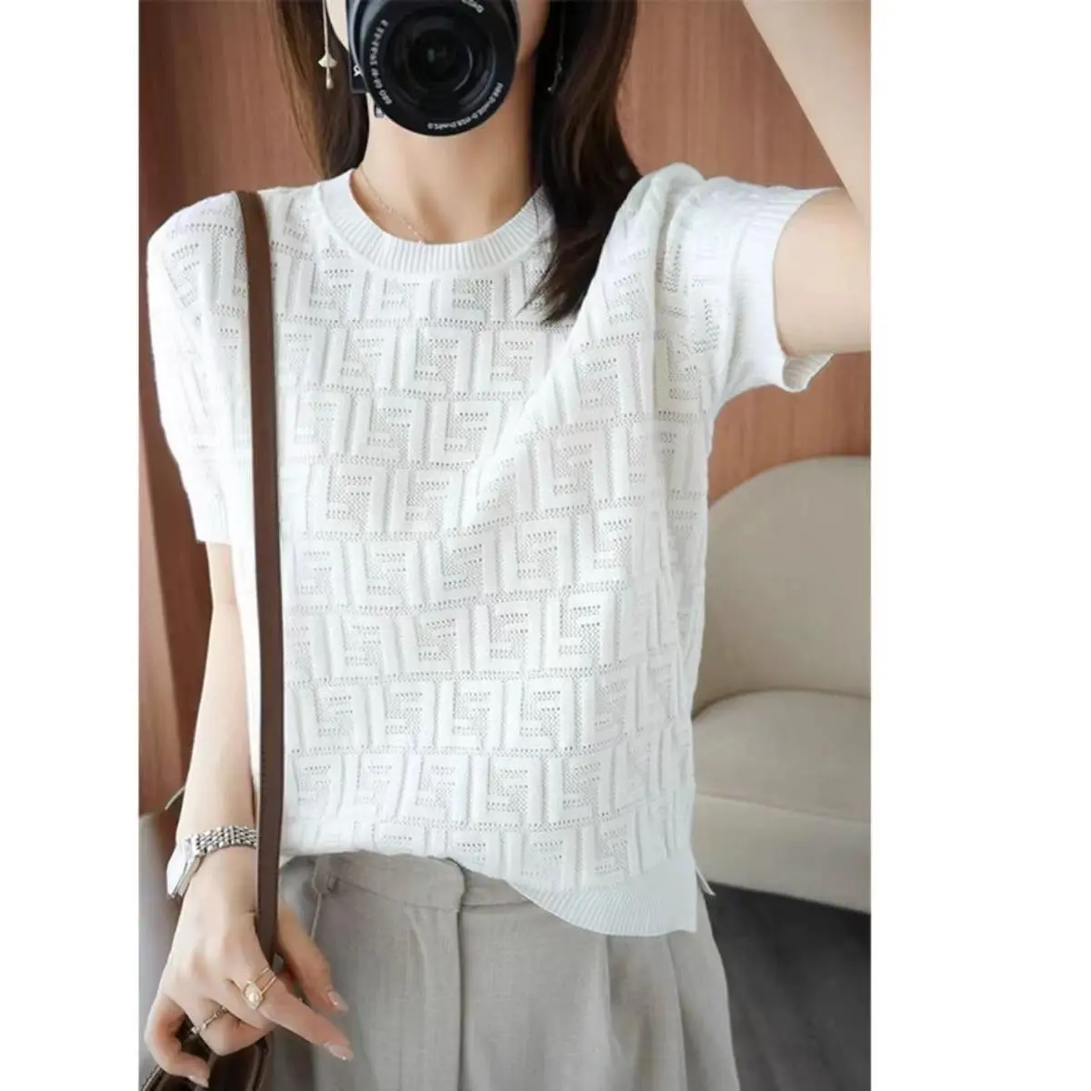 Áo Ngủ Lụa Sợi Dâu Tằm, Thượng Hải, ngắn Tay Nữ, Cổ Tròn, Dáng Rộng Vừa Vặn, Thiết Kế Khoét Lỗ Ngoại Cỡ, Áo Len Lụa Lạnh Áo Phông Mỏng