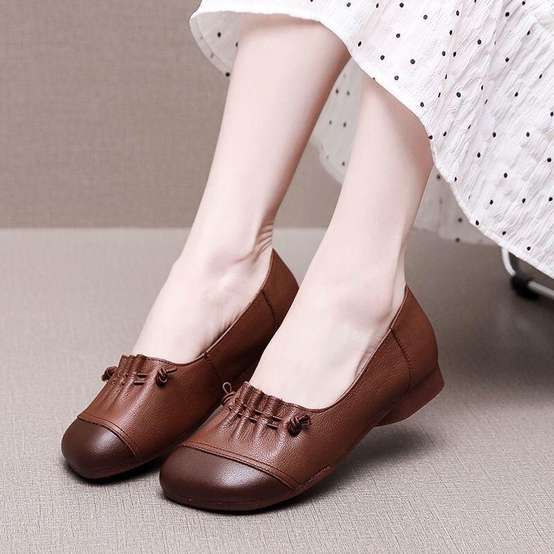 Giày Cho Mẹ, Da Thật Mềm, Ngoại Cỡ (35-43), Giày Cao Gót Miệng Thấp 41, Phong Cách Cổ Điển Giày Nữ, Đế Bằng, Thường Ngày Và Thoải Mái, Có Cỡ 42 5