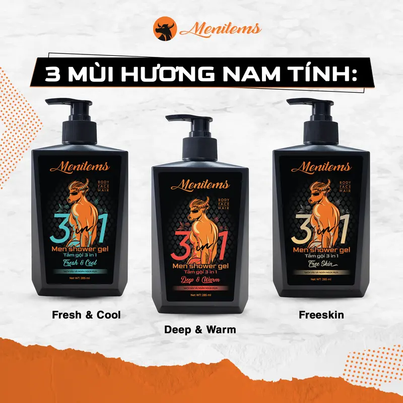 [ĐỘC QUYỀN LIVE] Sản phấm sữa tắm mụn lưng 3in1 Menitems hỗ trợ sạch mụn lưng, hương nước hoa nam tính giúp làm sạch da, dưỡng ẩm 285ml Skincare 2