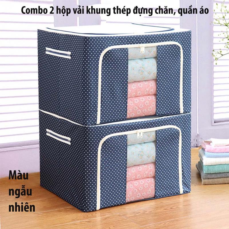 Combo 2 Hộp vải đựng quân áo chăn màn khung thép(Màu ngẫu nhiên) - Túi vải đựng đồ đa năng gấp gọn, xếp chồng, Giỏ bảo quản quần áo có khóa kéo có thể gập lại