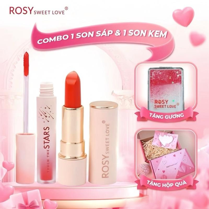   SÉT HỘP QUÀ NOEL+TẶNG GƯƠNG  Combo 1 Son Sáp và 1 Son Kem lì Rosy Sweet Love - Lên màu chuẩn,dưỡng mềm mịn môi Cosmetic Mỹ Phẩm Son Môi Trang Điểm Nữ Women 